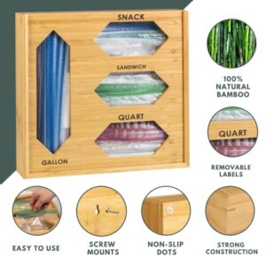 EZICOZI Durable Storage Solution with Kitchen Drawer Organizer - Durable Bamboo Material, 4 Storage Compartments, For Ziplock Gallon, Snack, Sandwich, and Quart Bags, Complete with Label Stickers