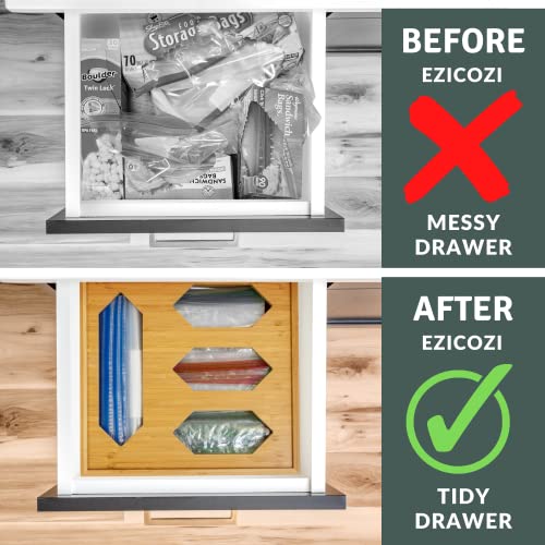 EZICOZI Durable Storage Solution with Kitchen Drawer Organizer - Durable Bamboo Material, 4 Storage Compartments, For Ziplock Gallon, Snack, Sandwich, and Quart Bags, Complete with Label Stickers