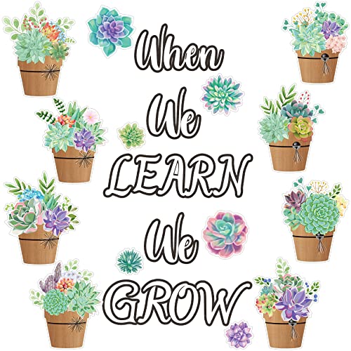 57Pcs Succulents Cutouts for Classroom Bulletin Board Potted Succulents Cut-Outs When We Learn We Grow Paper-Cuts Summer Banner Border Accents Decor for Kids School Classroom Party Wall Decorations