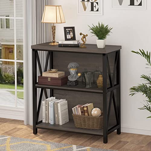 FATORRI Rustic Short 2 Shelf Bookshelf, Industrial Low Wood Bookcase, Farmhouse Small Book Case for Small Space (Walnut Brown)