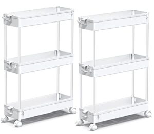 spacekeeper slim storage cart, 3 tier bathroom storage organizer rolling utility cart mobile shelving unit slide out storage tower rack for kitchen laundry narrow places, white, 2 pack