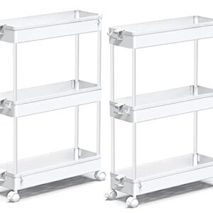 SPACEKEEPER Slim Storage Cart, 3 Tier Bathroom Storage Organizer Rolling Utility Cart Mobile Shelving Unit Slide Out Storage Tower Rack for Kitchen Laundry Narrow Places, White, 2 Pack