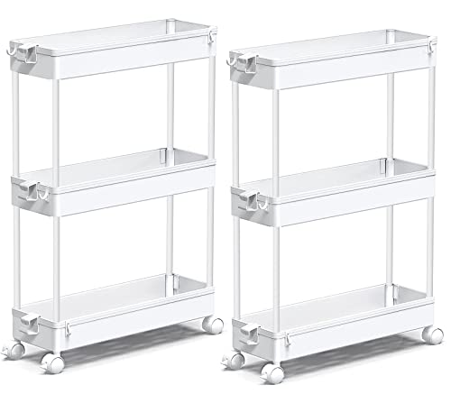 SPACEKEEPER Slim Storage Cart, 3 Tier Bathroom Storage Organizer Rolling Utility Cart Mobile Shelving Unit Slide Out Storage Tower Rack for Kitchen Laundry Narrow Places, White, 2 Pack