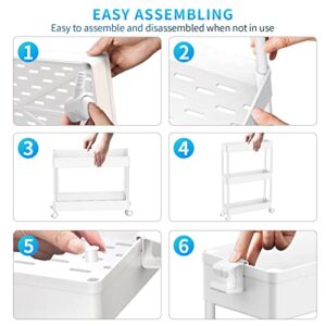 SPACEKEEPER Slim Storage Cart, 3 Tier Bathroom Storage Organizer Rolling Utility Cart Mobile Shelving Unit Slide Out Storage Tower Rack for Kitchen Laundry Narrow Places, White, 2 Pack