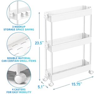 SPACEKEEPER Slim Storage Cart, 3 Tier Bathroom Storage Organizer Rolling Utility Cart Mobile Shelving Unit Slide Out Storage Tower Rack for Kitchen Laundry Narrow Places, White, 2 Pack