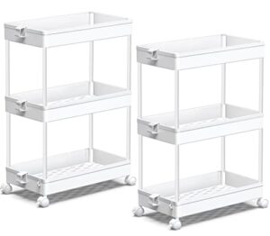 spacekeeper storage cart 3 tier bathroom storage organizers, rolling utility cart with wheels slide out storage shelves mobile shelving unit organizer for office, bedroom, laundry room, white, 2 pack