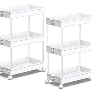 SPACEKEEPER Storage Cart 3 Tier Bathroom Storage Organizers, Rolling Utility Cart with Wheels Slide Out Storage Shelves Mobile Shelving Unit Organizer for Office, Bedroom, Laundry Room, White, 2 Pack