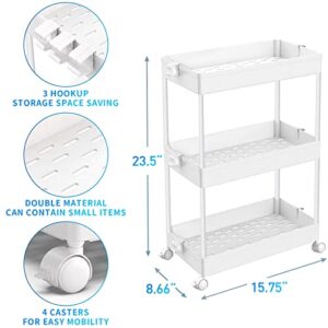 SPACEKEEPER Storage Cart 3 Tier Bathroom Storage Organizers, Rolling Utility Cart with Wheels Slide Out Storage Shelves Mobile Shelving Unit Organizer for Office, Bedroom, Laundry Room, White, 2 Pack