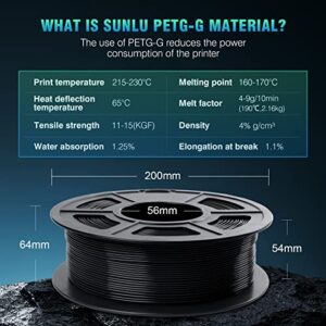 SUNLU PETG-G 3D Printer Filament 1.75mm 1 kg Spool, Better Flow of SUNLU no plugging Premium PETG-G Filament 1.75 +/- 0.02 mm for 3D Printing，Black