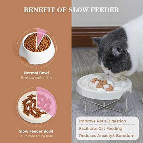 MSBC Raised Cat Slow Feeder Bowl with Acrylic Stand, Elevated Melamine Slow Feed Cat Dish, Non-Slip Pet Puzzle Feeder for Slow Healthy Eating, Anti-Choking Prevents Obesity Pet Bowl for Kitty, Kitten