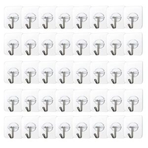 cologo 100 pack adhesive hooks 24lb(max) heavy duty self adhesive hooks, transparent reusable seamless adhesive wall hooks for kitchens, bathroom, office