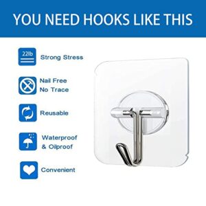 COLOGO 100 Pack Adhesive Hooks 24lb(Max) Heavy Duty Self Adhesive Hooks, Transparent Reusable Seamless Adhesive Wall Hooks for Kitchens, Bathroom, Office