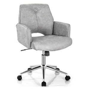 costway ergonomic home office chair, height-adjustable faux leather computer desk chair w/rolling casters & armrests, upholstered mid-back swivel accent chair for home, office, study, grey