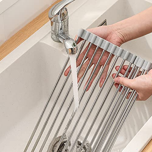 OHOH Retractable Dish Drying Rack for Sink, Adjustable Length Ranges from 10.8"-19.7", Multipurpose Heat Resistant Roll Up Kitchen Draining Rack for Cups Fruits Vegetables (Silver)