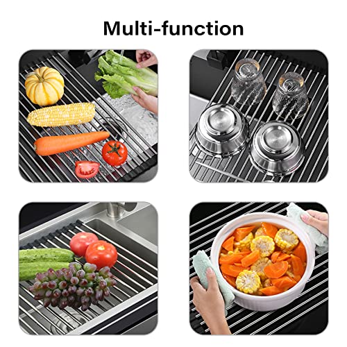 OHOH Retractable Dish Drying Rack for Sink, Adjustable Length Ranges from 10.8"-19.7", Multipurpose Heat Resistant Roll Up Kitchen Draining Rack for Cups Fruits Vegetables (Silver)