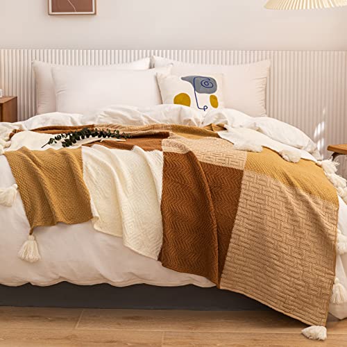 Senshuerjie Cotton Knit Blanket Cozy Soft Light Throw Blanket for Sofa Chair Bed Blankets with Handmade Tassel (Khaki and Brown Combo 50x60 Inch)