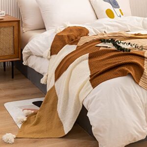 Senshuerjie Cotton Knit Blanket Cozy Soft Light Throw Blanket for Sofa Chair Bed Blankets with Handmade Tassel (Khaki and Brown Combo 50x60 Inch)