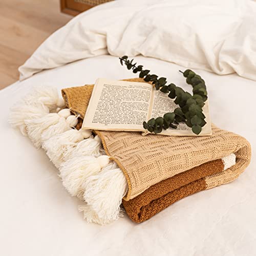 Senshuerjie Cotton Knit Blanket Cozy Soft Light Throw Blanket for Sofa Chair Bed Blankets with Handmade Tassel (Khaki and Brown Combo 50x60 Inch)