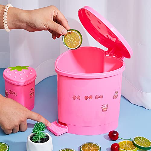 2 Pieces Strawberry Desk Trash Can Cute Trash Can Kawaii Mini Trash Can for Desk Mini Garbage Can Plastic Strawberry Kitchen Waste Bin with Sticker for Car Office Home Bedroom Bathroom Decor (Pink)