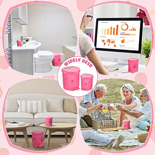 2 Pieces Strawberry Desk Trash Can Cute Trash Can Kawaii Mini Trash Can for Desk Mini Garbage Can Plastic Strawberry Kitchen Waste Bin with Sticker for Car Office Home Bedroom Bathroom Decor (Pink)