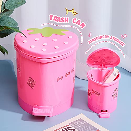 2 Pieces Strawberry Desk Trash Can Cute Trash Can Kawaii Mini Trash Can for Desk Mini Garbage Can Plastic Strawberry Kitchen Waste Bin with Sticker for Car Office Home Bedroom Bathroom Decor (Pink)