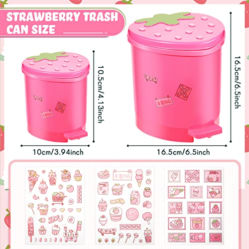 2 Pieces Strawberry Desk Trash Can Cute Trash Can Kawaii Mini Trash Can for Desk Mini Garbage Can Plastic Strawberry Kitchen Waste Bin with Sticker for Car Office Home Bedroom Bathroom Decor (Pink)