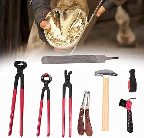lukar 8PCS Horse Hoof Trimmers Farrier Tools Kit, Includes Horse Hoof Nipper, Horseshoe Cutting Pliers, Hoof Nail Clincher, Hoof Hammer, Hoof Knife, Rasp File, Horseshoe Brush