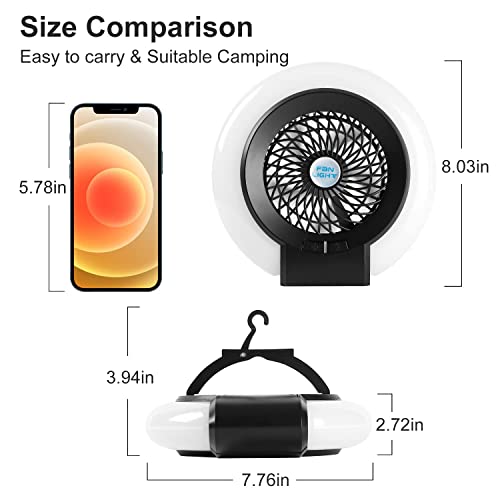 Camping Fan, Tent Fan with Hanging Hook Portable Fan with Light Mini USB Fan,Standing Cooling Fan,Hanging,Fishing,Hiking Ceiling Fan led Camp Lantern Fan Silenced Sleep Fan Outdoor Indoor (Grey)