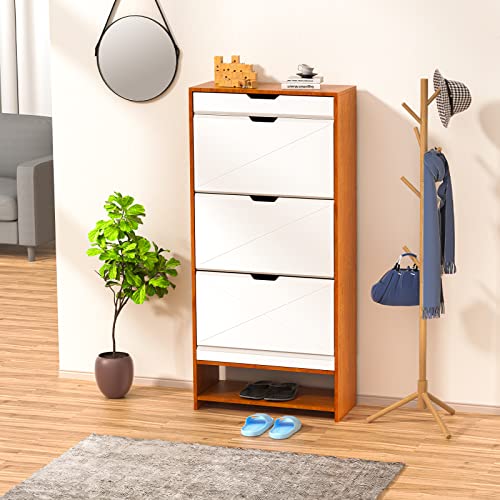 AWQM Shoe Cabinet, Modern Shoe Storage Organizer with 3 Flip Drawers, Wooden Freestanding Shoe Rack for Entryway, Hallway, Living Room, White