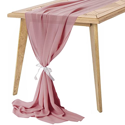 Yastouay Chiffon Table Runner 29x120 Inches Dusty Pink Romantic Wedding Table Runners 10Ft Sheer Table Linens for Bridal Baby Shower Birthday Party Cake Reception Table Decorations