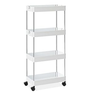 otk storage cart 4 tier mobile shelving unit organizer, utility rolling shelf cart with wheels for bathroom kitchen bedroom office laundry narrow places, white