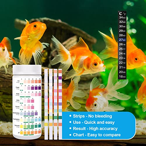 9 in 1 Aquarium Test Strips, 100 Strips Aquarium Test Kits for Freshwater Saltwater, Aquarium Water Test Kit, Pond Fish Tank Test Strips Testing Iron, Copper, Nitrite, Nitrate, pH, Carbonate and More