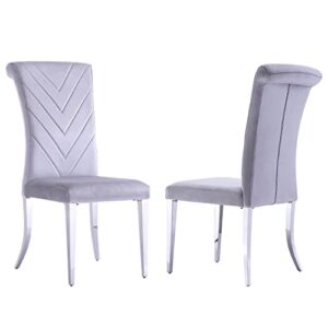 azhome dining chairs - set of 2 silver gray velvet upholstered chairs with elegant v-shaped texture & rolled back, silver stainless steel legs