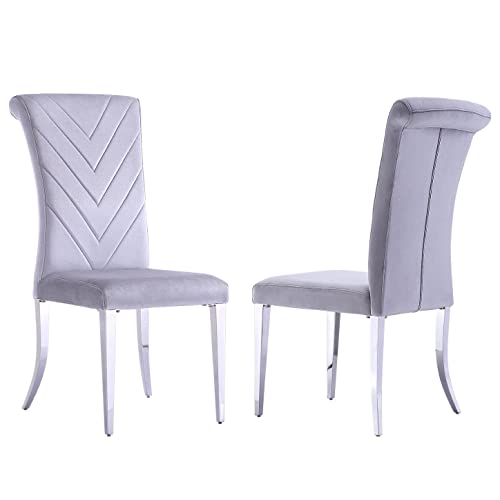 AZhome Dining Chairs - Set of 2 Silver Gray Velvet Upholstered Chairs with Elegant V-Shaped Texture & Rolled Back, Silver Stainless Steel Legs