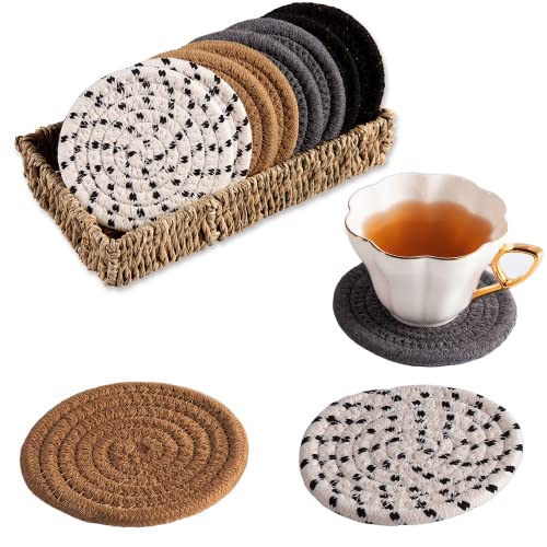 Coasters for Drink Absorbent, Handmade Woven Coasters Set of 8 with Seagrass Basket Holder, Heat-Resistant Coaster for Table Protection, Boho Fabric Coasters Suitable for Kinds of Cups