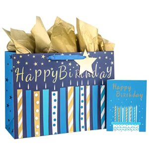 maypluss 16" birthday large gift bag with greeting card and tissue paper for birhtday - blue gold foil candle design