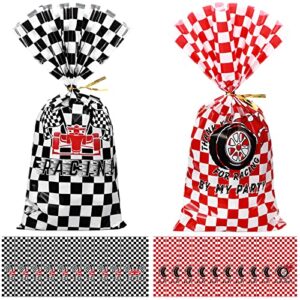 100 pack racing car candy bags car favor cellophane bags black and white race car treat bags checkered soccer theme goodie bags with 100 gold twist ties for race themed birthday party supplies