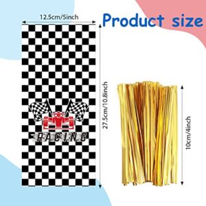 100 Pack Racing Car Candy Bags Car Favor Cellophane Bags Black and White Race Car Treat Bags Checkered Soccer Theme Goodie Bags with 100 Gold Twist Ties for Race Themed Birthday Party Supplies