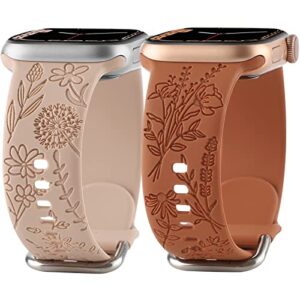 flower engraved silicone band compatible with apple watch bands 38mm 40mm 41mm, cute women wildflowers floral design soft sport strap replacement wristbands for iwatch series 8 7/se/6/5/4/3/2/1 (38/40/41mm, walnut brown brown)