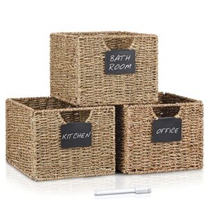 seagrass storage baskets with labels, 10.5x9x7.5in wicker storage basket, storage baskets for shelves set of 3, pantry baskets organization,kitchen storage baskets, bathroom shelves storage basket