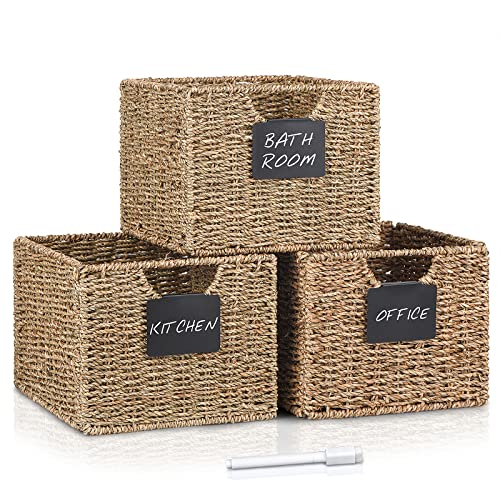 Seagrass Storage Baskets with Labels, 10.5x9x7.5in Wicker Storage Basket, Storage Baskets for Shelves Set of 3, Pantry Baskets Organization,Kitchen Storage Baskets, Bathroom Shelves Storage Basket