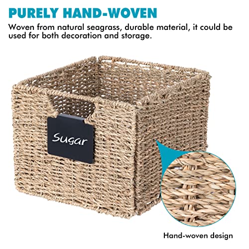 Seagrass Storage Baskets with Labels, 10.5x9x7.5in Wicker Storage Basket, Storage Baskets for Shelves Set of 3, Pantry Baskets Organization,Kitchen Storage Baskets, Bathroom Shelves Storage Basket