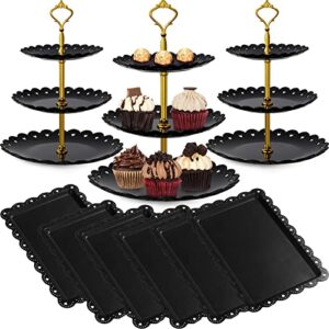 potchen 9 pcs black dessert table display set includes 6 pcs rectangle cupcake stand and 3 pcs round 3 tiered serving tray cake gold