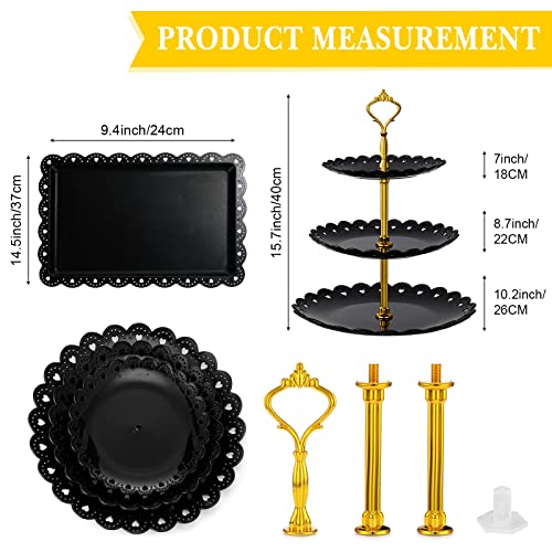 Potchen 9 Pcs Black Dessert Table Display Set Includes 6 Pcs Rectangle Cupcake Stand and 3 Pcs Round 3 Tiered Serving Tray Cake Gold