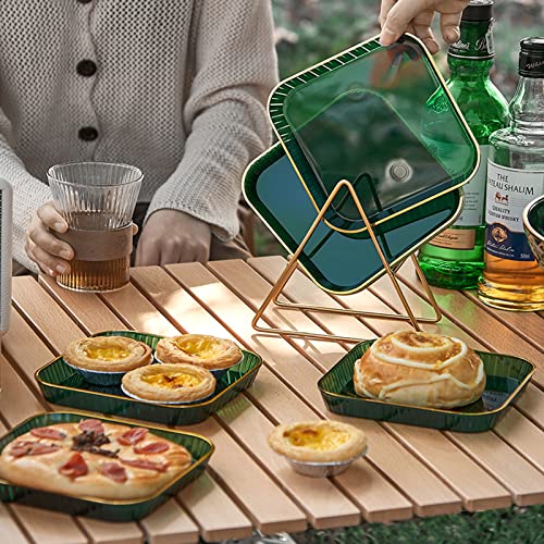 8 Pack Gold Plastic Clear Serving Trays with Tray Storage Rack - Party Trays for Serving Food - Square Tray 5.92" x 5.92" - Party, Halloween, Christmas Plastic Trays for Food (Green)