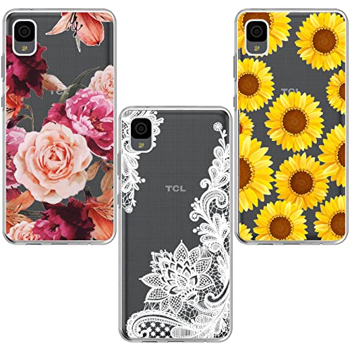 HAIJ (3 Pack) for TCL 30Z Case, Shock-Absorption Anti-Scratch Crystal Clear Soft TPU Bumper Protective Phone Case Cover for Alcatel TCL 30Z 30 Z 4G LTE T602DL, White Flower, Sun Flower, Purple Flower