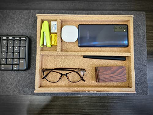 DeskVue DeskTray(12''x9"), Desk Accessories, Walnut Teak Wood, Home Office, Table Organizer, Natural Cork, Handmade Desk Storage, (Matt White with Cork Interior)