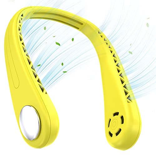 Nhpoi Portable Neck Fan,Wearable Bladeless Hands-Free Fan,Quiet Design 3 Speed Fan,Rechargeable,Leafless,Headphone Design,360° Surround Faster Cooling Fan for Indoor,Outdoor 2023-Yellow