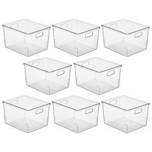 mDesign Large Plastic Stackable Kitchen Cabinet Storage Bin Box, Handles and Lid - Fridge, Cabinet, Counter Organizer for Snacks, Food, Drinks, or Supplies, Ligne Collection, 8 Pack, Clear