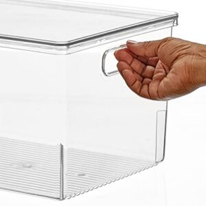 mDesign Large Plastic Stackable Kitchen Cabinet Storage Bin Box, Handles and Lid - Fridge, Cabinet, Counter Organizer for Snacks, Food, Drinks, or Supplies, Ligne Collection, 8 Pack, Clear